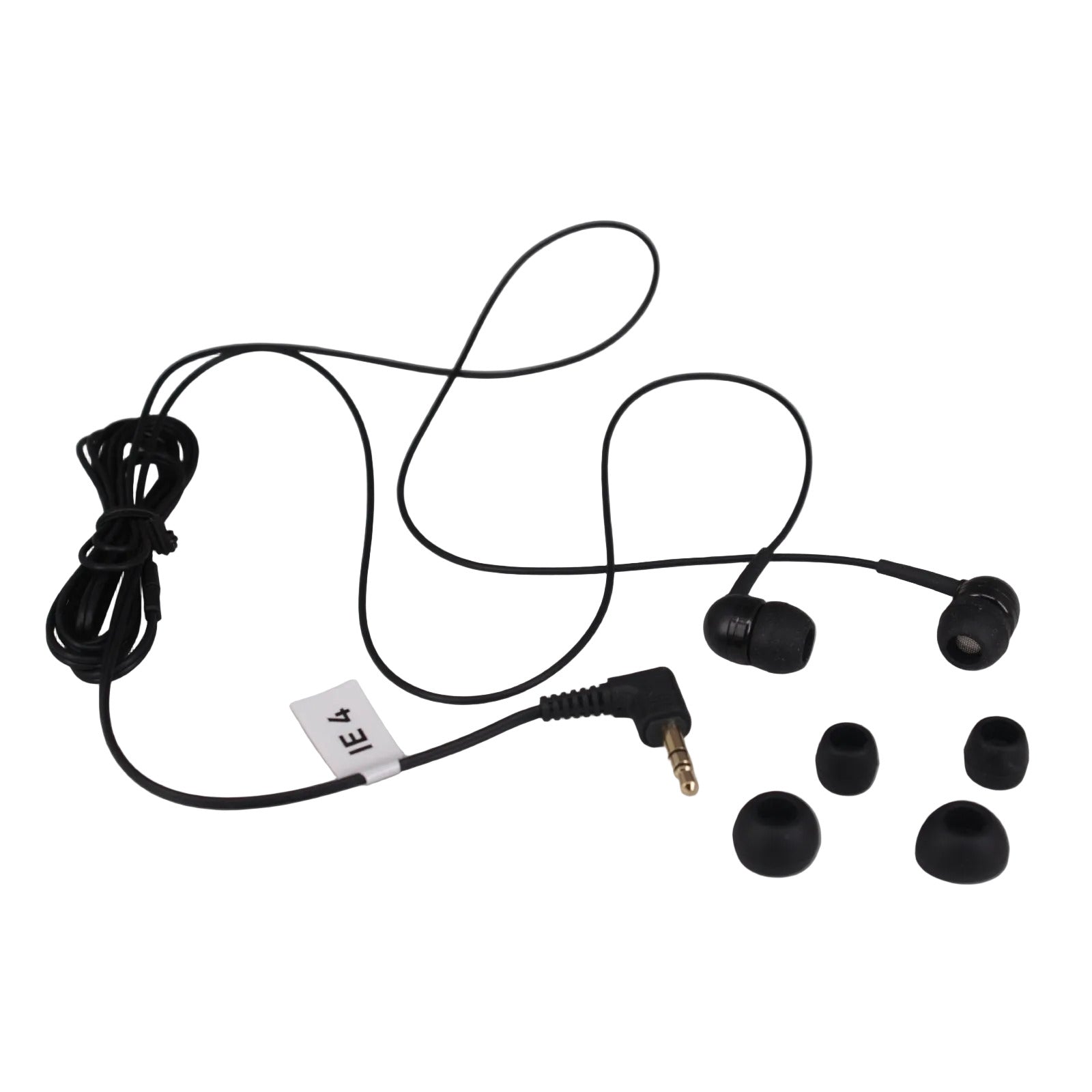 Sennheiser black IE4 In-Ear Monitors with a right angle mini jack and assorted size spare tips on a white background - part number 500432